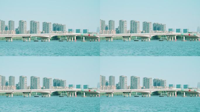在宁波双古渡公园拍甬江和华辰大桥城市风光