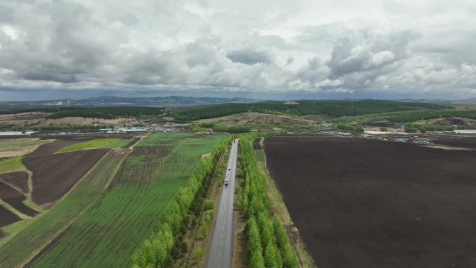 林间公路耕地行驶的汽车