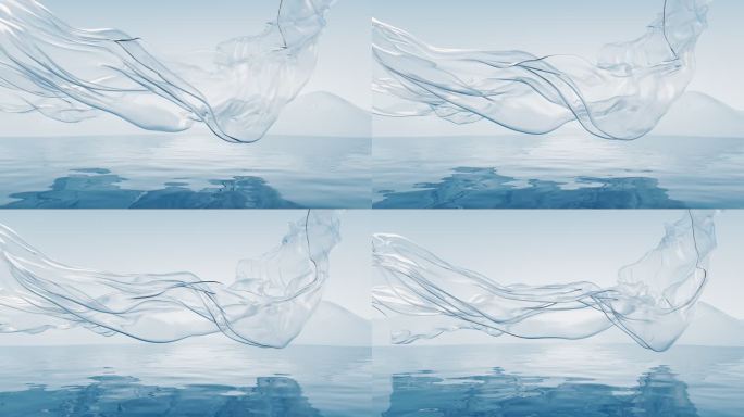水面上流动的透明布料3D渲染