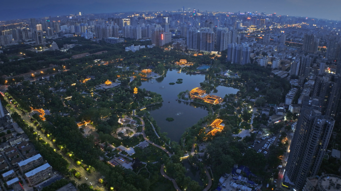 航拍兴庆公园夜景