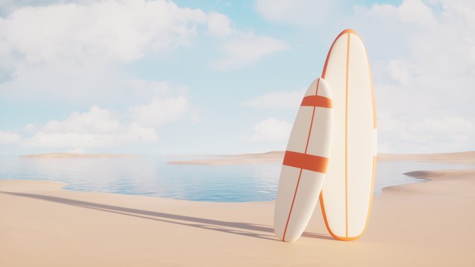 沙滩上的橙色冲浪板3D渲染