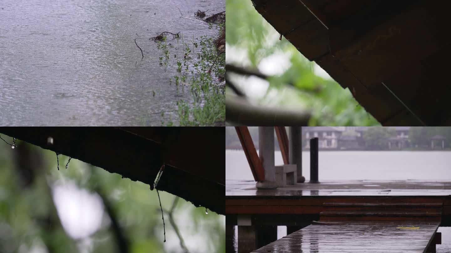 4K下雨天滴水的木屋檐写意升格空镜