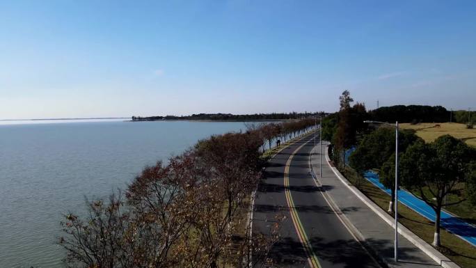 上海青浦淀山湖  沿湖道路  跟车 航拍