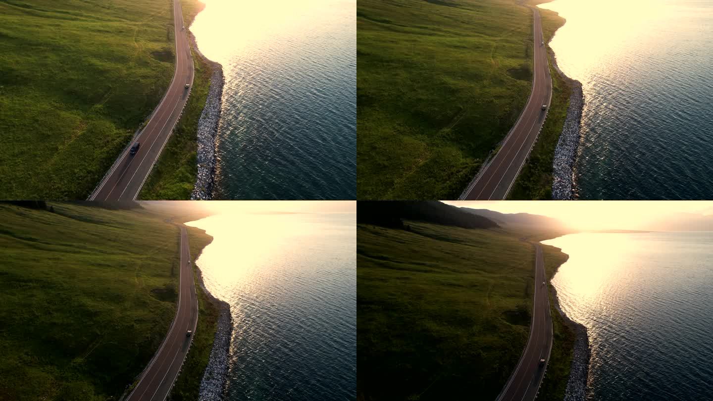 夕阳下俯瞰赛里木湖逆光湖景4K航拍