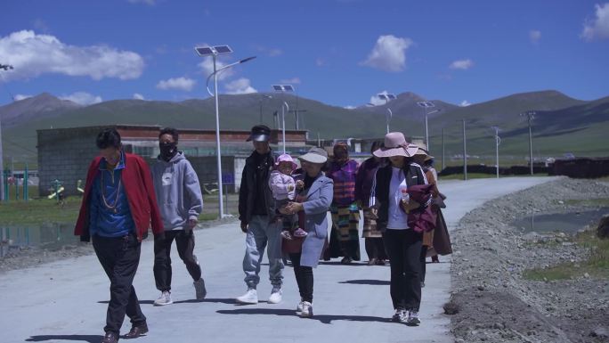 青藏高原 草原 牦牛 山村路 土路水泥路
