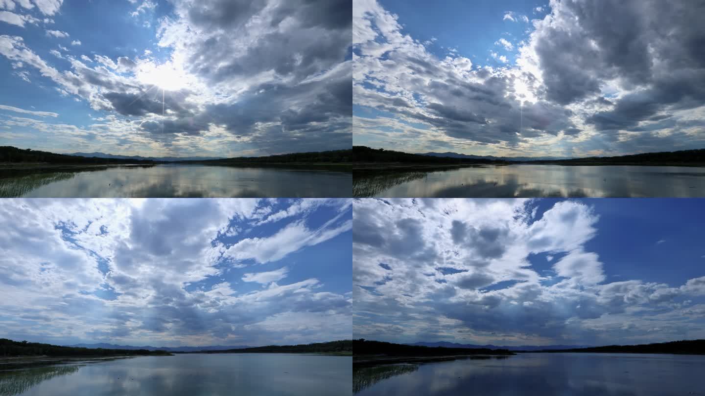 水面延时摄影合集蓝天白云阳光透射丁达尔光