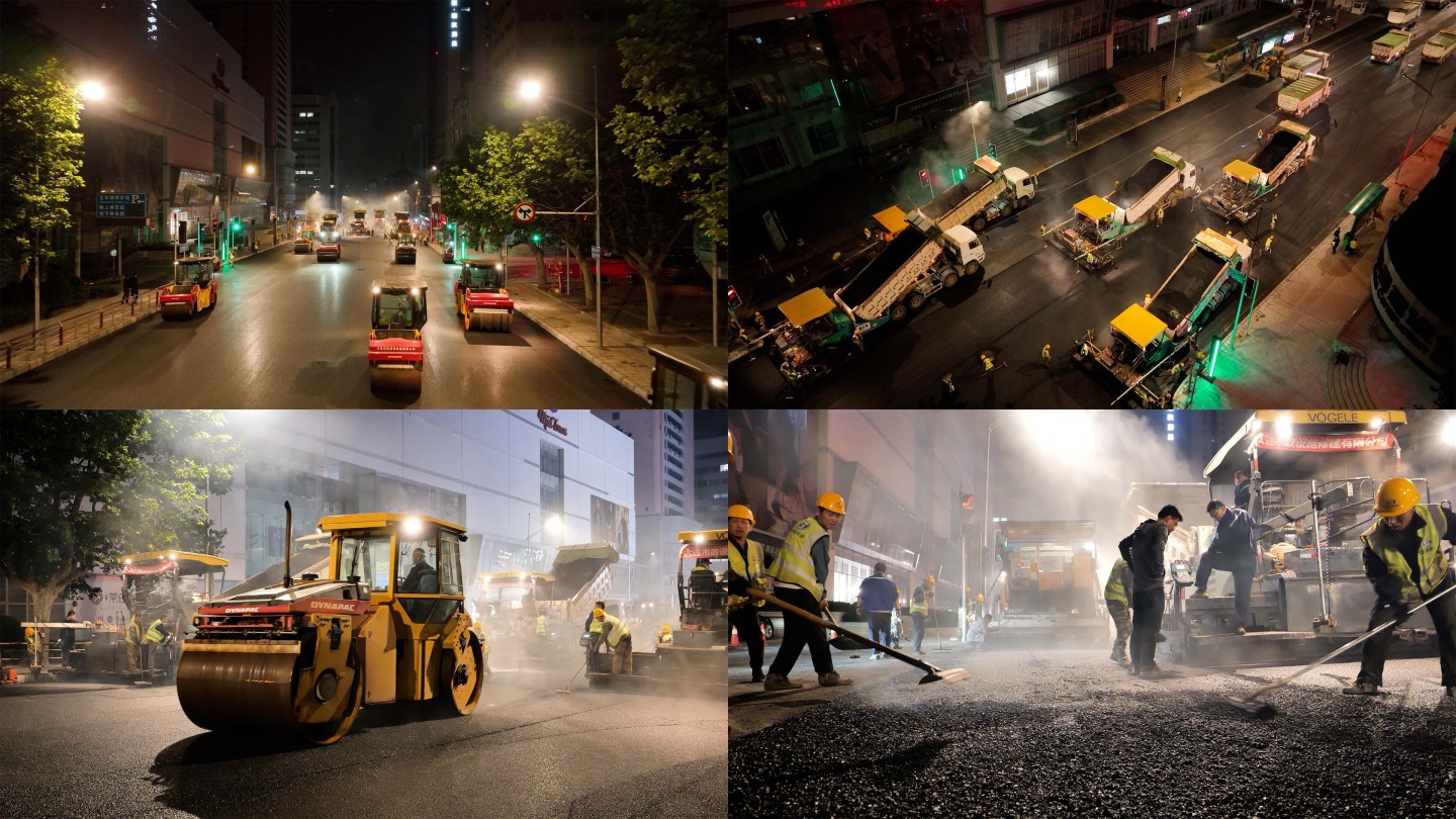 夜晚道路施工铺路柏油路