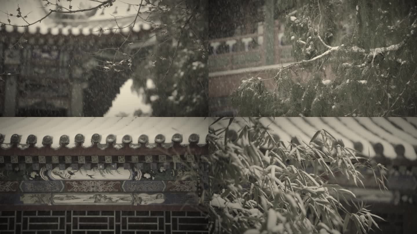 古建筑冬天雪景老视频