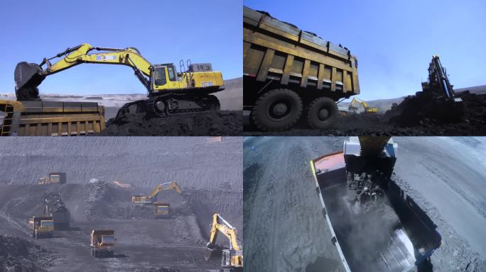 挖掘机工作 煤矿采集 运煤车