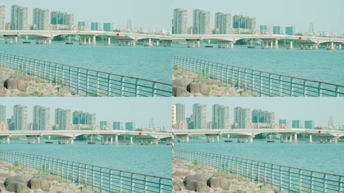 在宁波双古渡公园拍甬江和华辰大桥城市风光