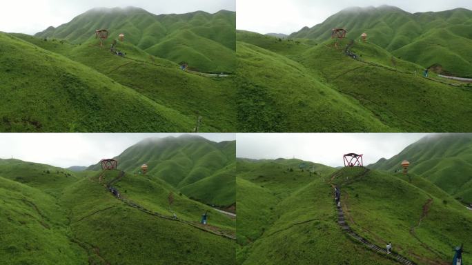 福建宁德航拍草场牧区草地牧场云雾爬山山峦