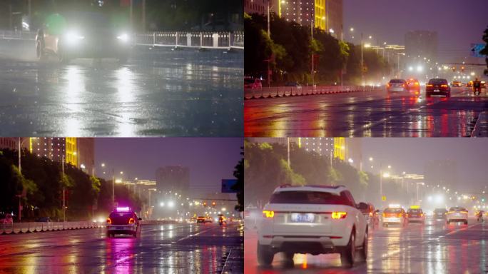夜晚下雨天雨中行驶的汽车慢动作