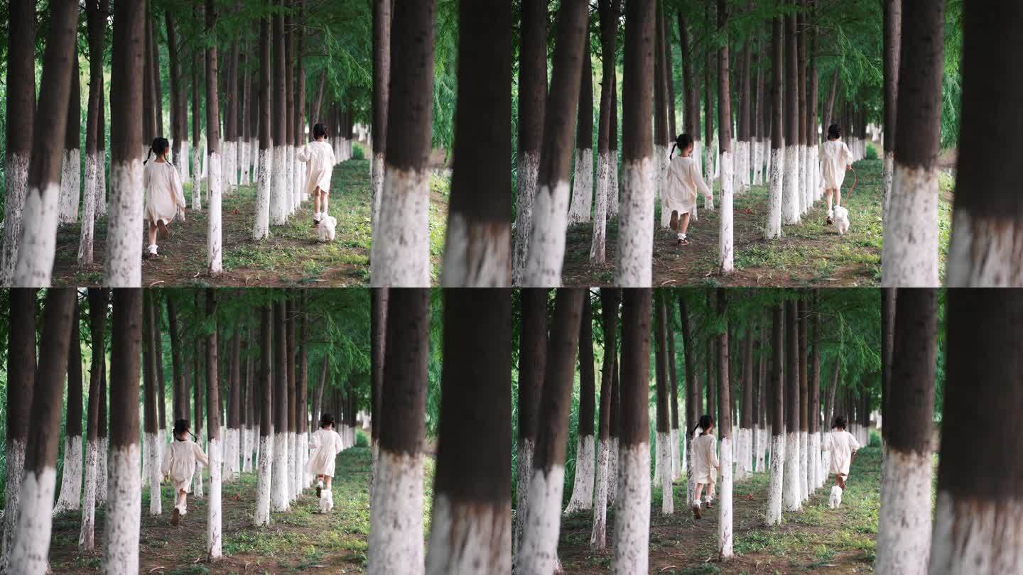 树林里奔跑的女孩背影