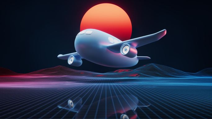 飞机与复古蒸汽波风格3D渲染