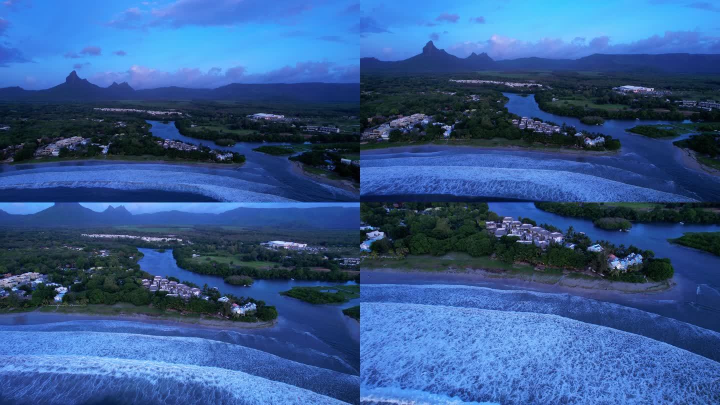 4K可商用毛里求斯大海海浪涌向岛上度假村