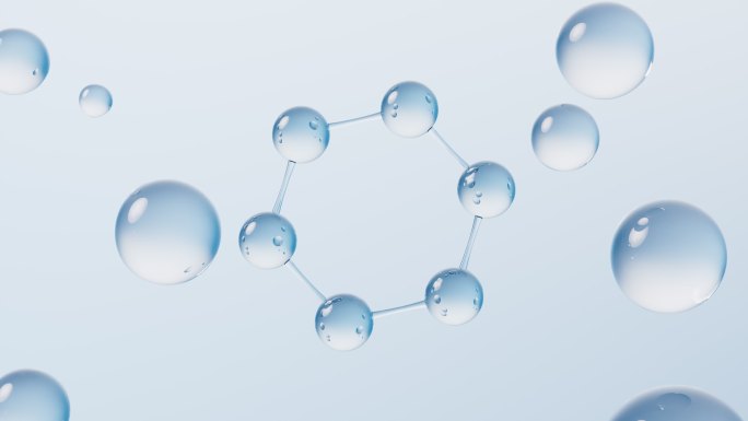 蓝色透明分子与水珠3D渲染