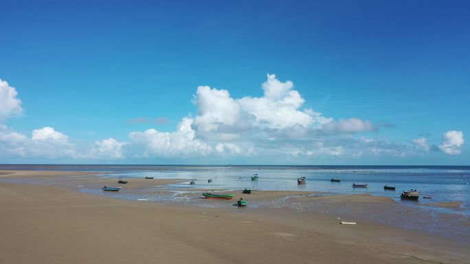蓝天白云沙滩大海，一群飘动的渔船