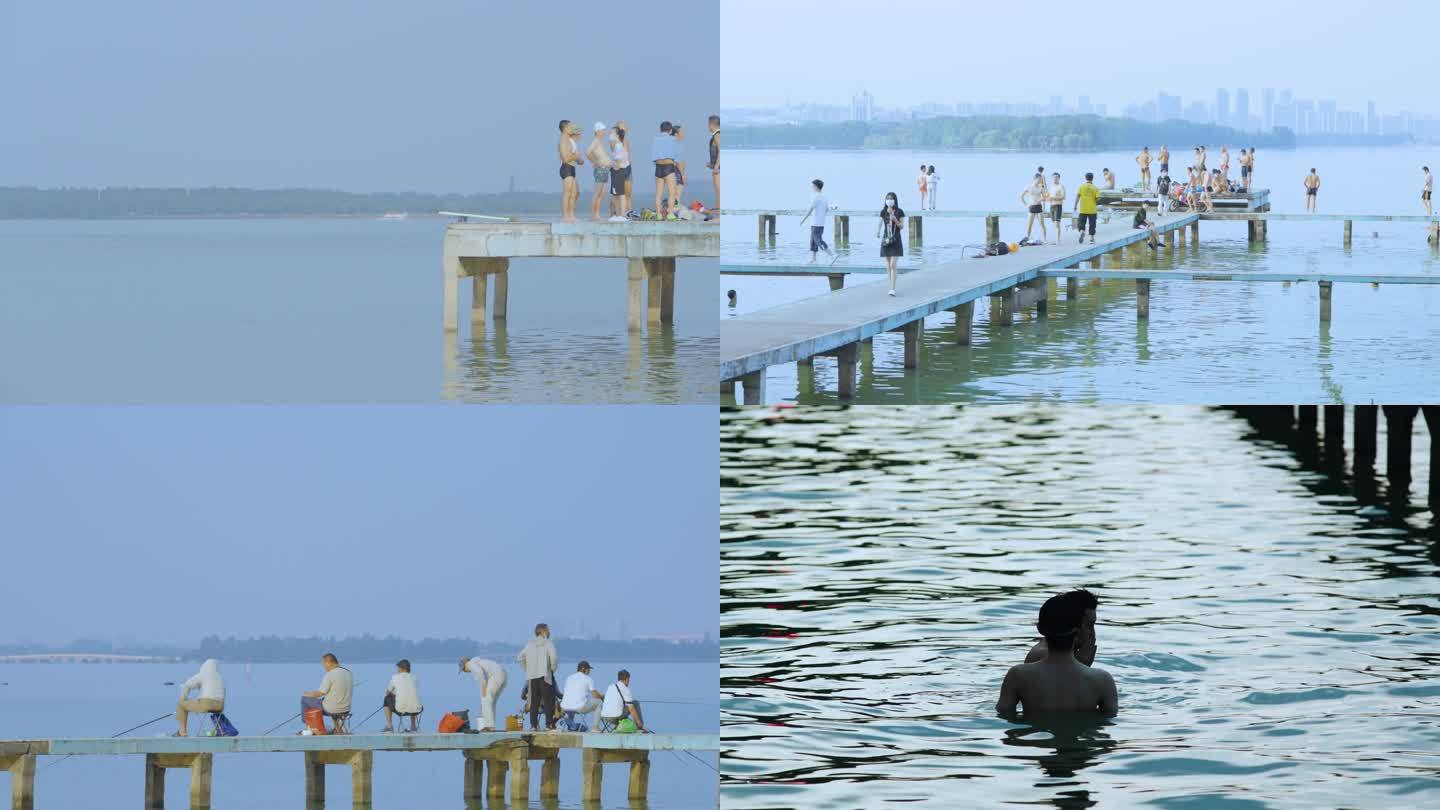 夏天东湖 傍晚人群 游泳纳凉