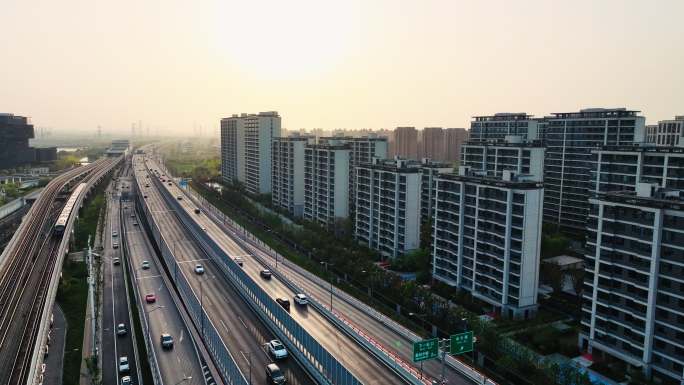 航拍城市高架交通高楼大厦地铁进站出站