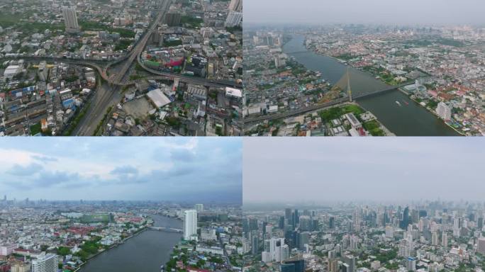 曼谷城市延时 航拍风景  轮船 桥梁