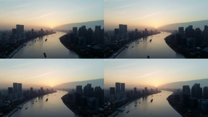 太阳升起黄浦江两侧的建筑