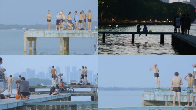 夏天东湖 傍晚人群 游泳纳凉