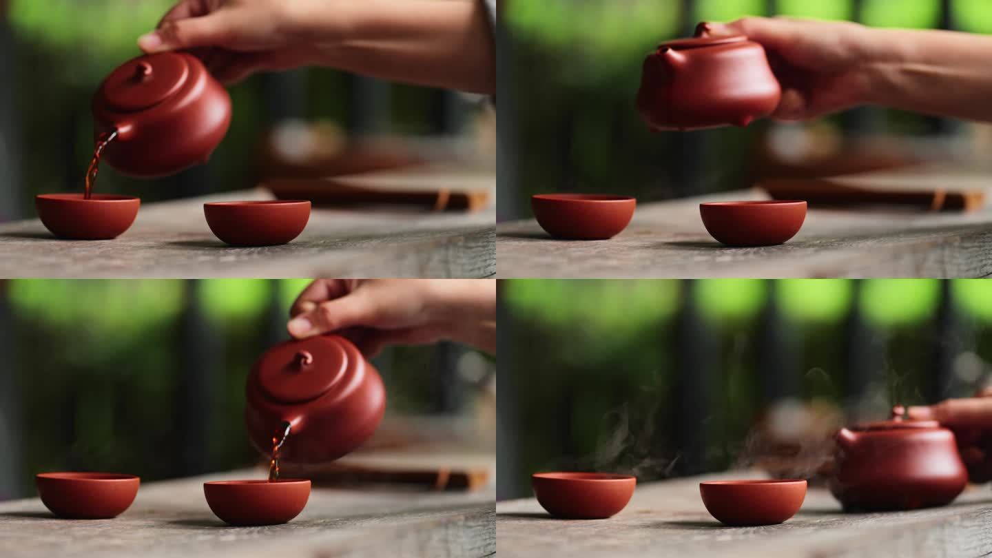 茶艺特写慢镜头紫砂壶出汤倒茶