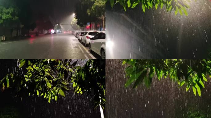 黑夜大雨暴雨如注雨夜城市上空雨滴夜雨落下