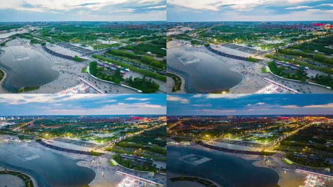 康巴什景观湖喷泉日转夜航拍延时