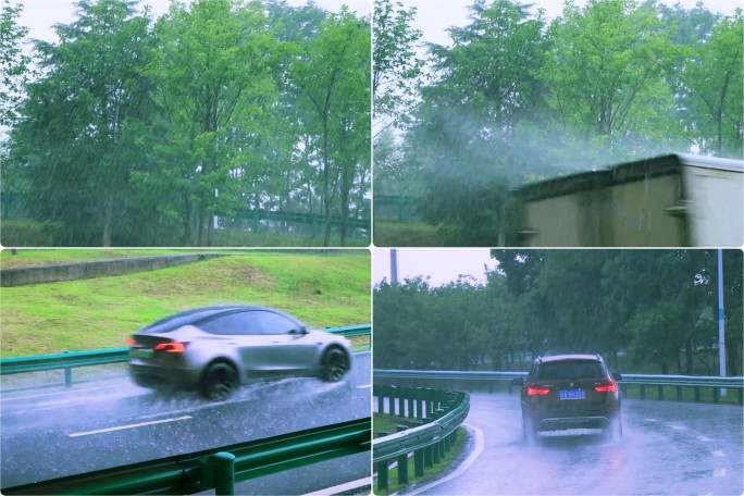 台风暴雨冒雨行驶在高架上的汽车