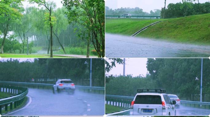 台风暴雨冒雨行驶在高架上的汽车