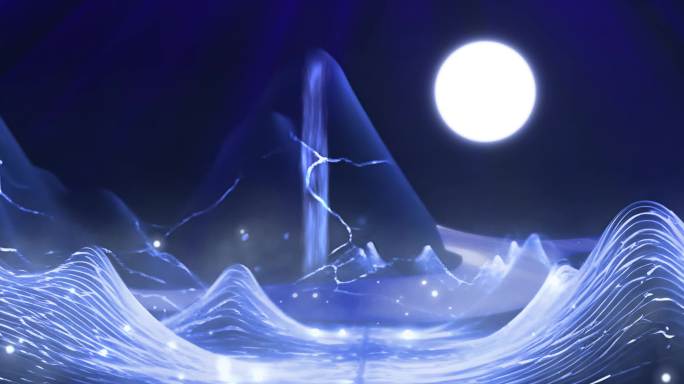 8K蓝色中国风水墨山水月亮升起