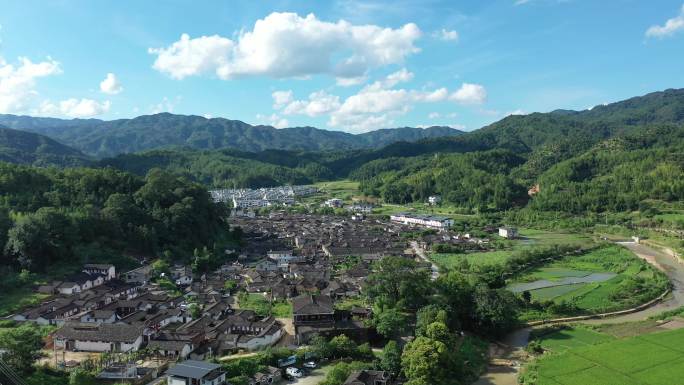 农村山村小时候大树树荫古厝村落全景航拍