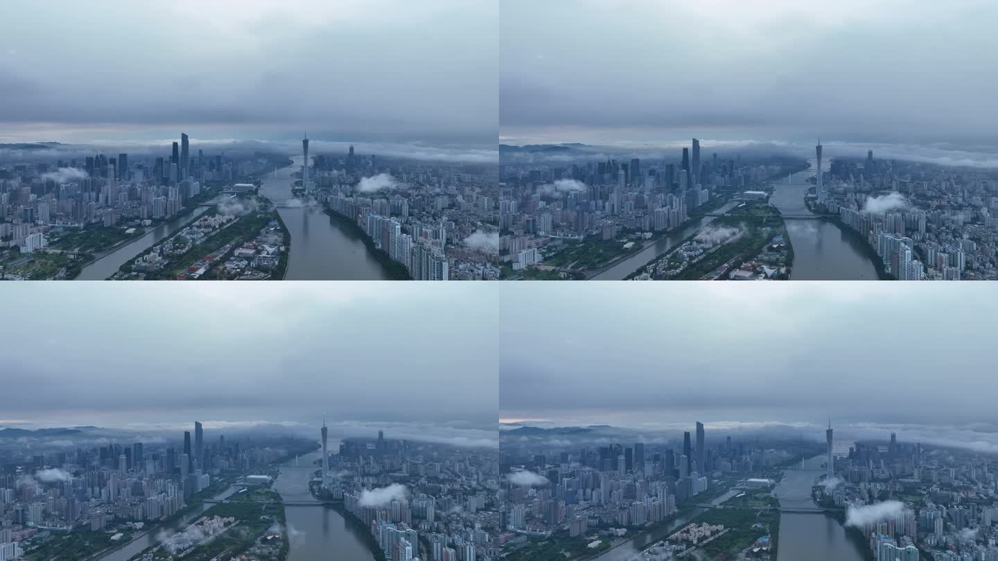 航拍早晨云雾缭绕的广州珠江新城与广州塔