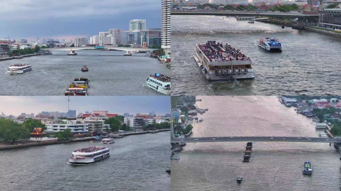 桥梁轮渡风景 泰国曼谷湄南河的游船