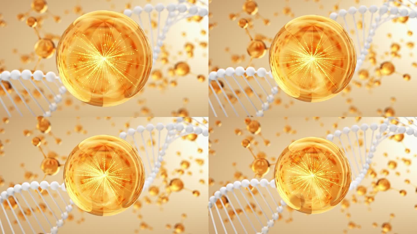 金色细胞分子和DNA链三维动画广告素材