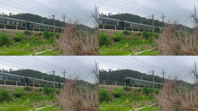 京九铁路上的绿皮火车驶过  离别意境