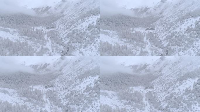 航拍冰天雪地中的高原山谷