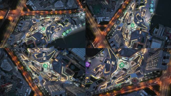 航拍俯瞰威海经区九龙湾华发新天地商场夜景