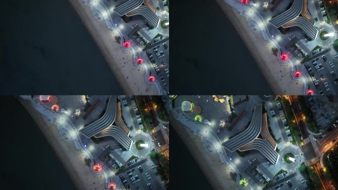 航拍俯瞰威海经区九龙湾华发新天地商场夜景