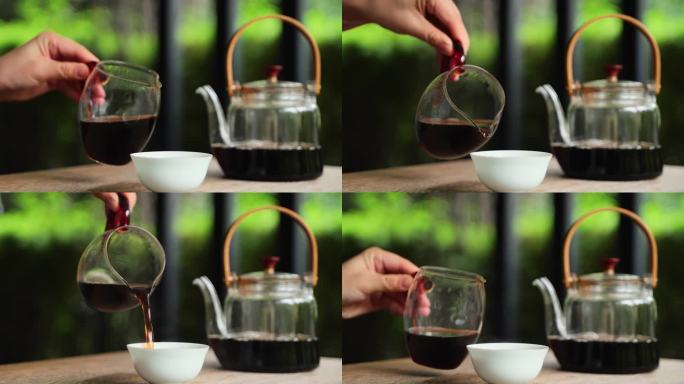 茶艺特写慢镜头玻璃壶出汤倒茶