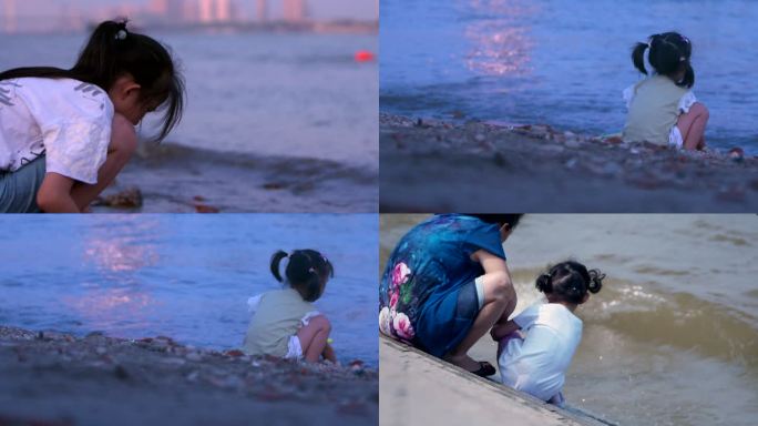 武汉汉江江滩玩水的儿童小女孩 升格慢动作