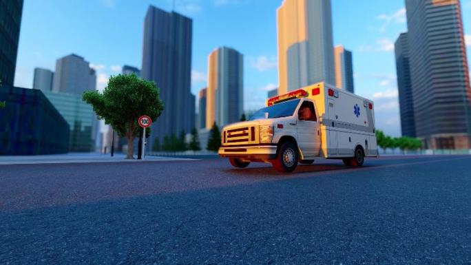 救护车紧急出动马路行驶三维动画视频