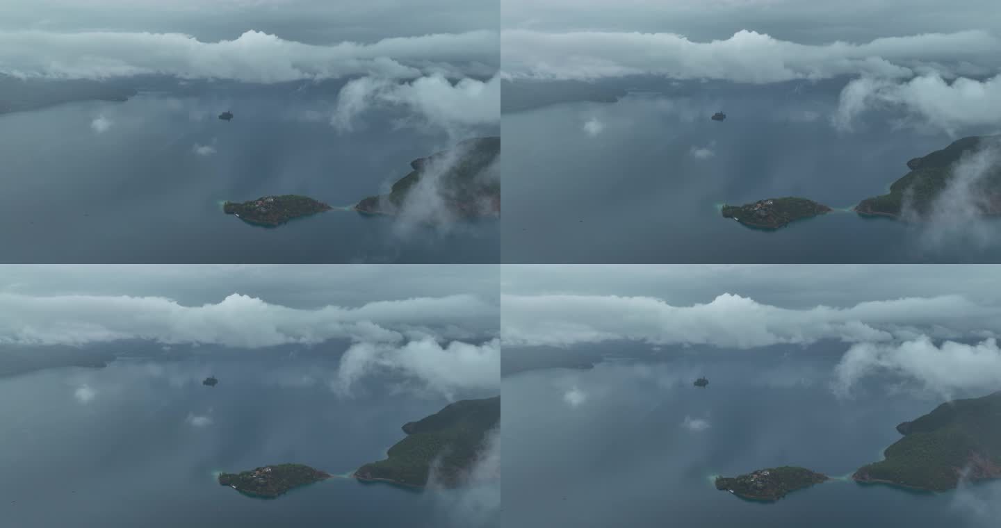 穿过云雾看到雨中泸沽湖女神湾