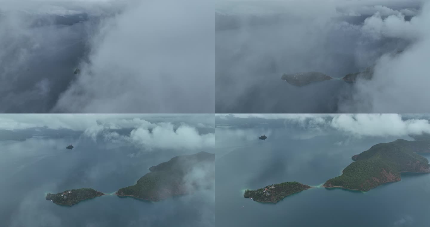 穿过云雾看到雨中泸沽湖女神湾