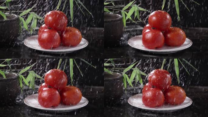 西红柿在雨中棚拍