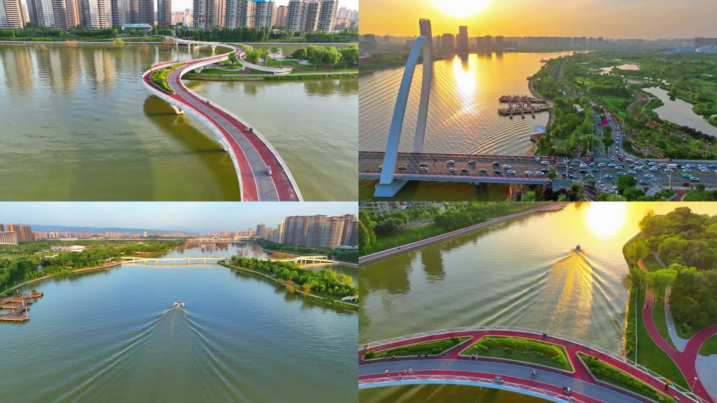 陕西 西安浐河湿地快艇夕阳浐灞 灞河