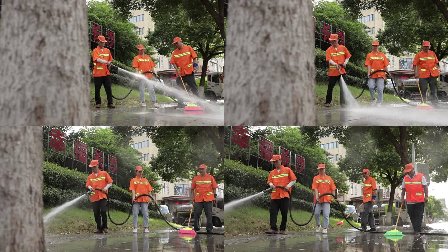 环卫工人 清扫 洒水 马路清洁  清洁工