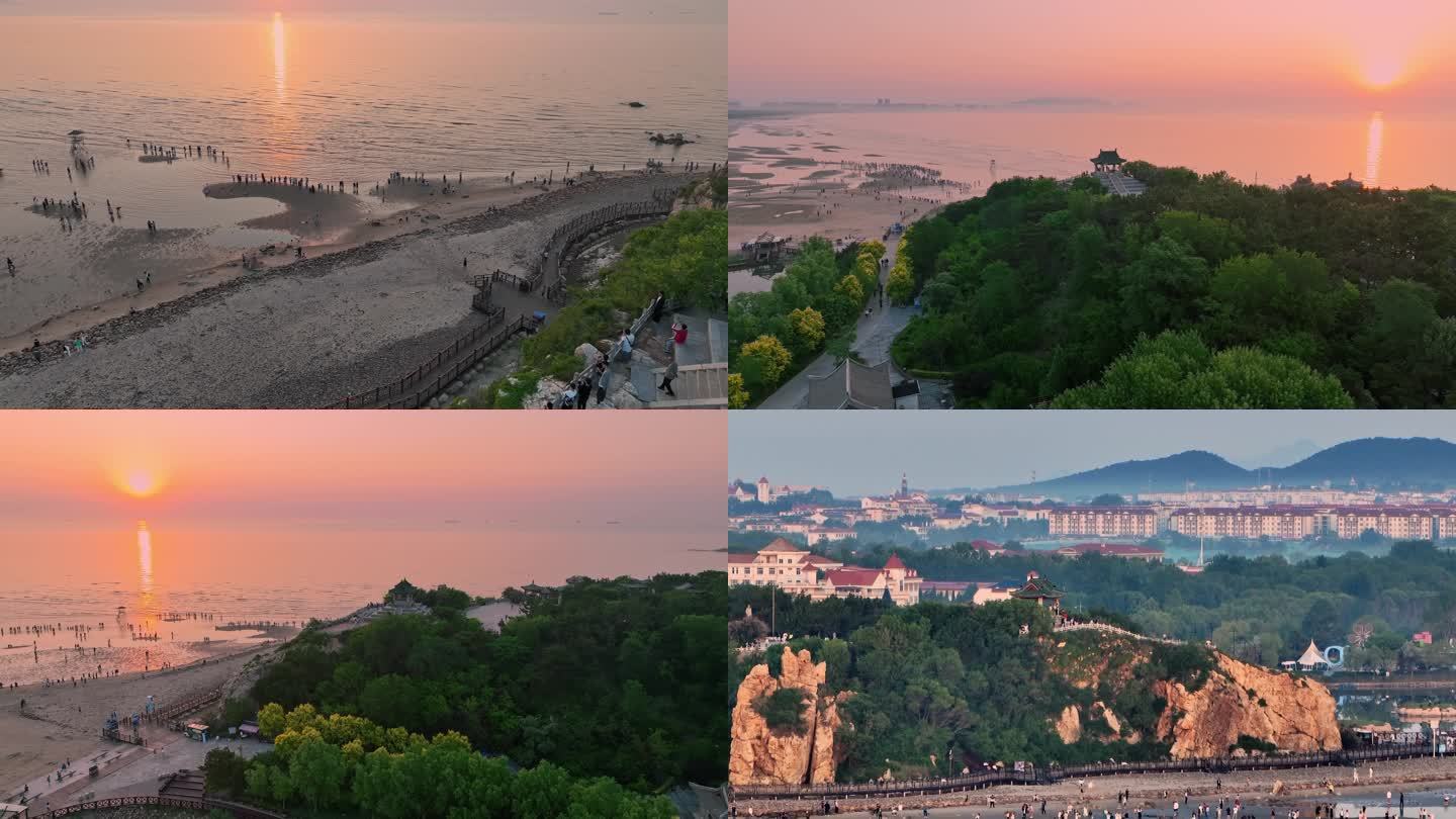 航拍北戴河鸽子窝湿地公园海上日出