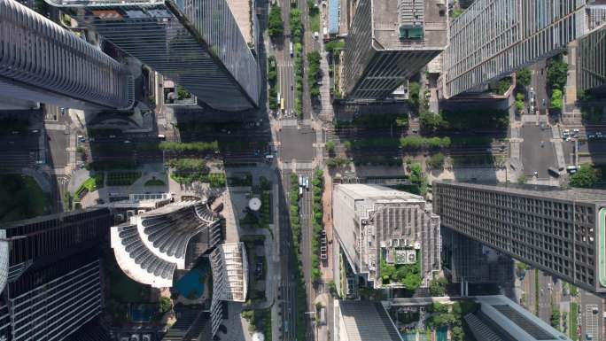 俯拍深圳福田区城市高楼写字楼十字路口道路